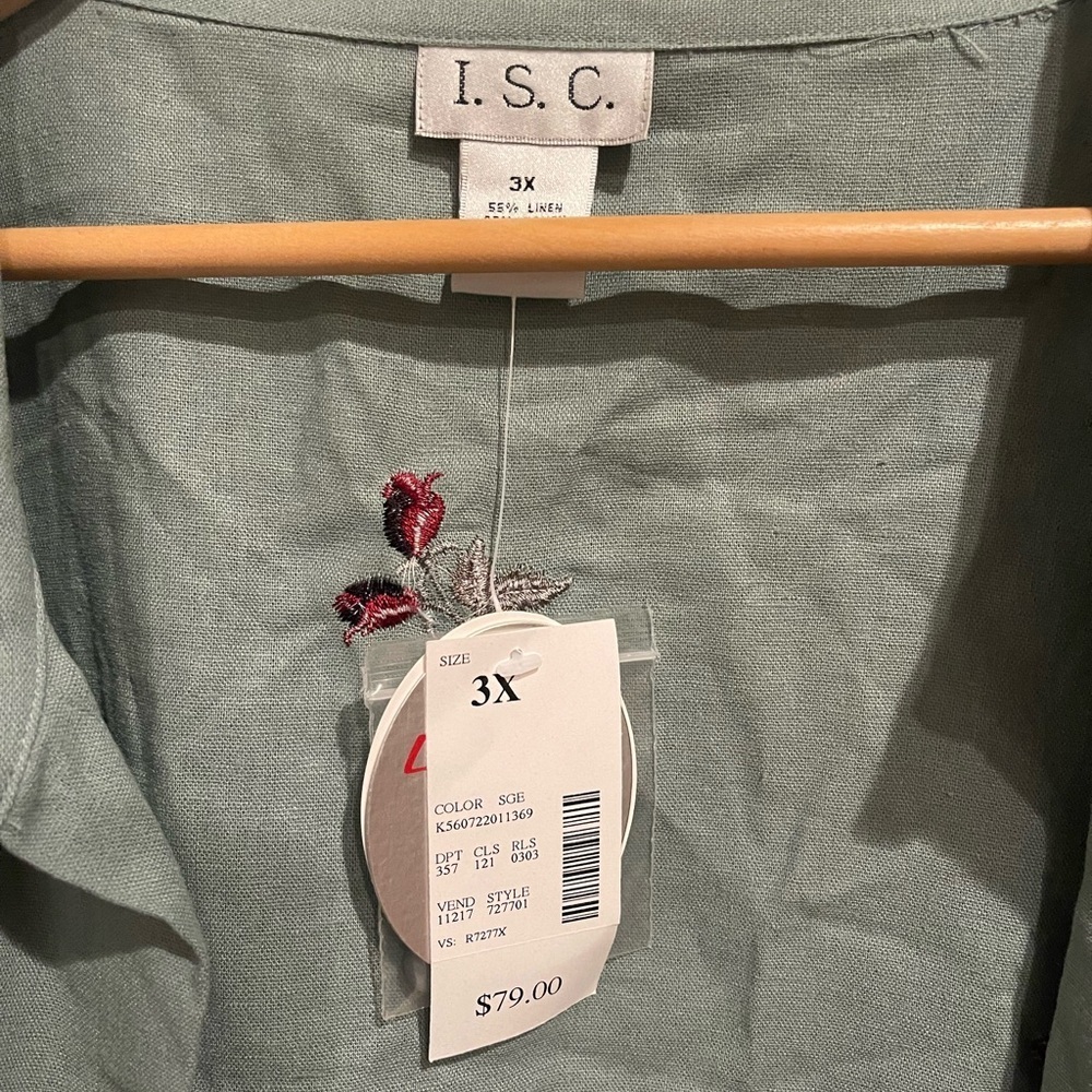 I.S.C. Linen Blend Mossy Green Embellished Sleeveless Tank and Blouse Combo 3X - Picture 6 of 8